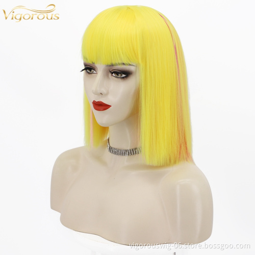 Yellow Highlight Red High Temperature Synthetic Bob Wigs With Flat Neat Bangs Short Straight Wigs for Women Wholesale